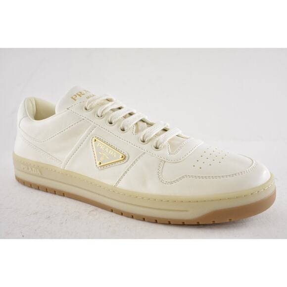 Prada Downtown Ivory Nappa Leather Gold Logo Flat Low Top Trainer Sneaker 41 - Picture 6 of 16